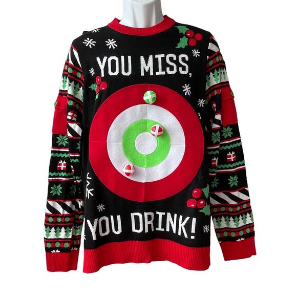 Tipsy Elves YOU MISS YOU DRINK Bullseye Game Ugly Christmas Sweater Size L - Picture 1 of 4
